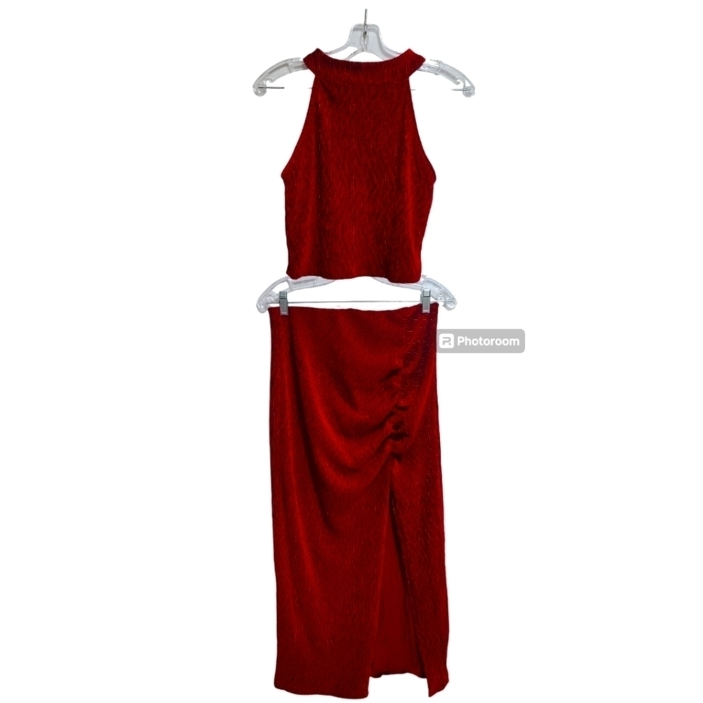 Forever 21 2-piece Red Holiday Cocktail Sleeveless Top Side Slit Skirt Size L
